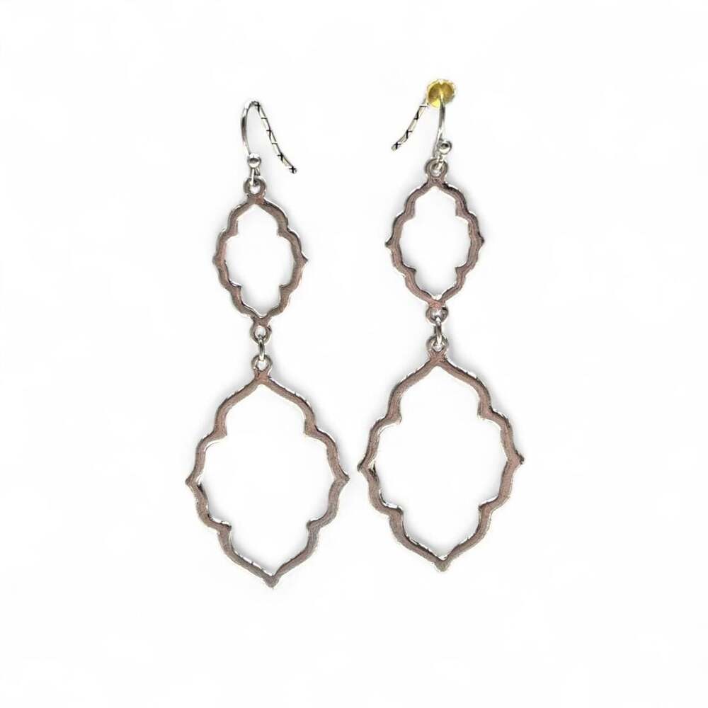 Silver Tone Filigree Quatrefoil Double Drop Earrings